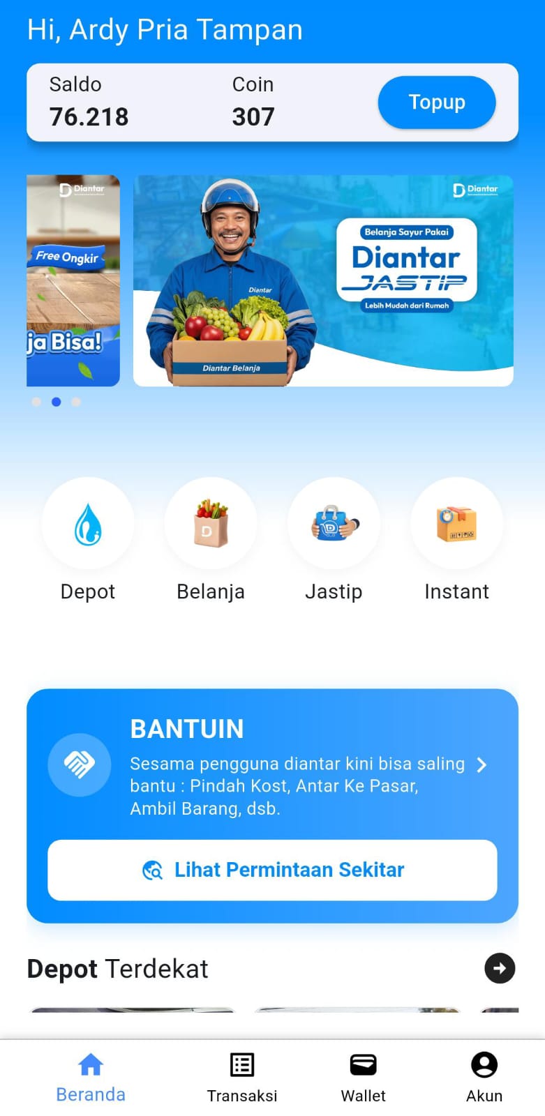 Tampilan beranda aplikasi Diantar.id: saldo, layanan Depot, Belanja, Jastip, dan Instant